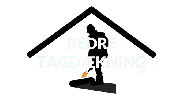 Logo for Bedre Tagdækning ApS med en silhuet af en tagdækker, der arbejder med tagpap under et hustag-symbol.