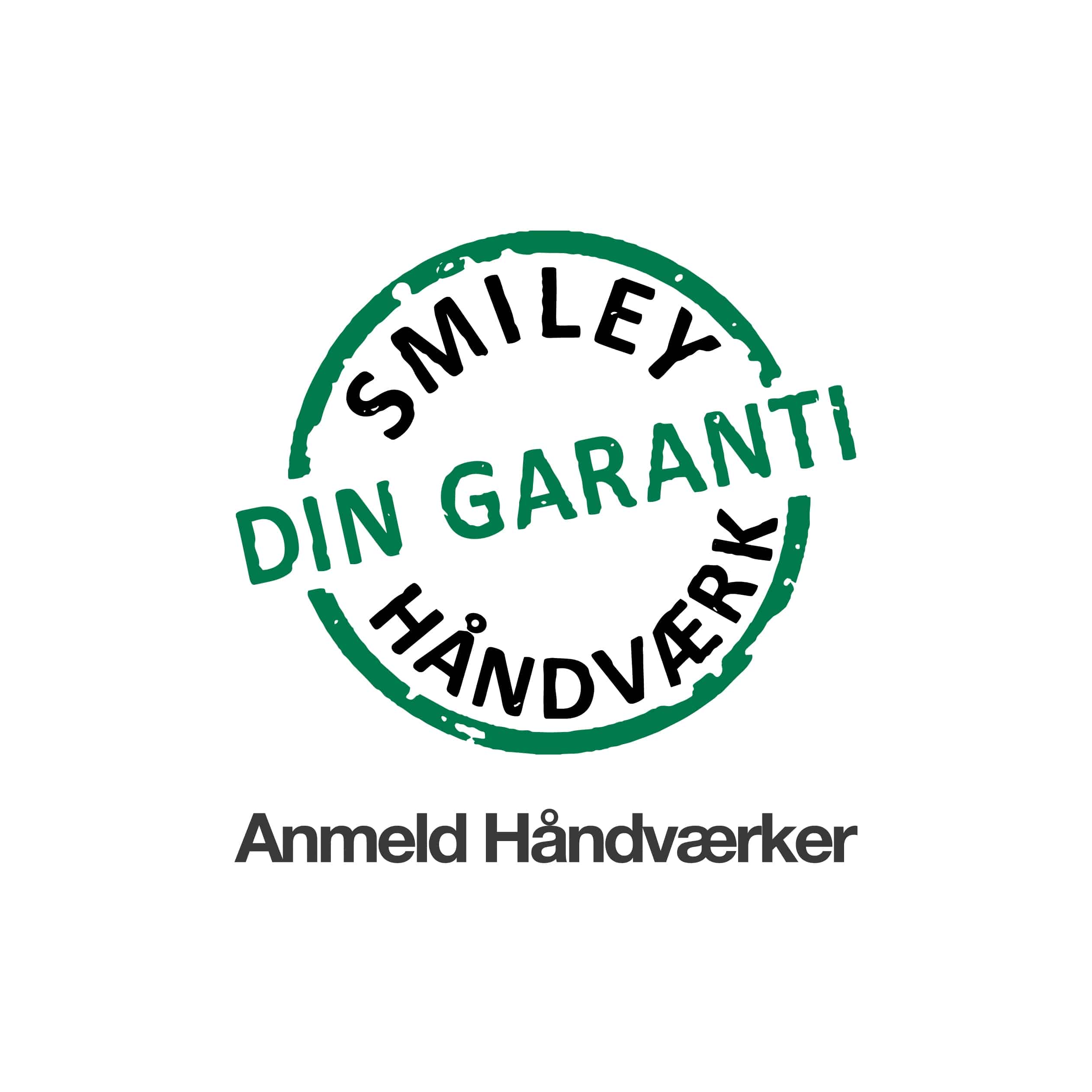 Logo for Anmeld Håndværker med en grøn cirkel, der indeholder teksten "Smiley Din Garanti Håndværk", som symboliserer kvalitetssikring og troværdighed inden for håndværk.